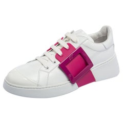 Roger Vivier White/Pink Leather And Rubber Viv Skate Sneakers Size 40