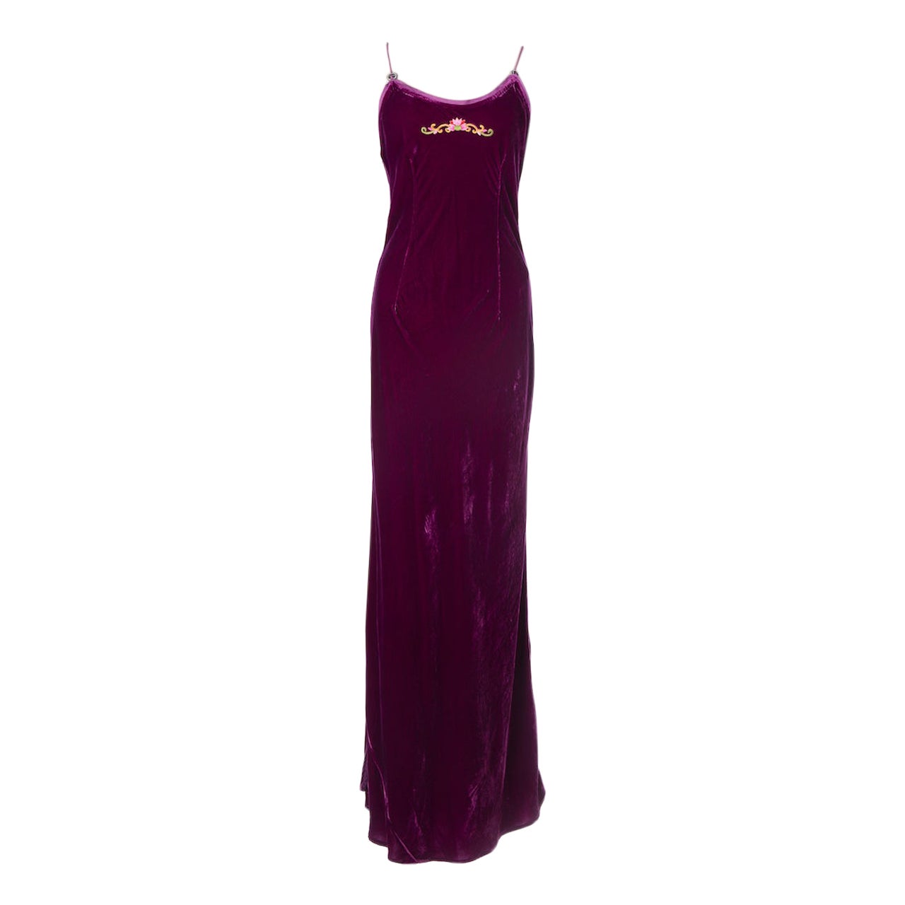 1990s VOYAGE London Burgundy/Pink Embroidered Silk Blend Velvet Maxi Slip Dress For Sale