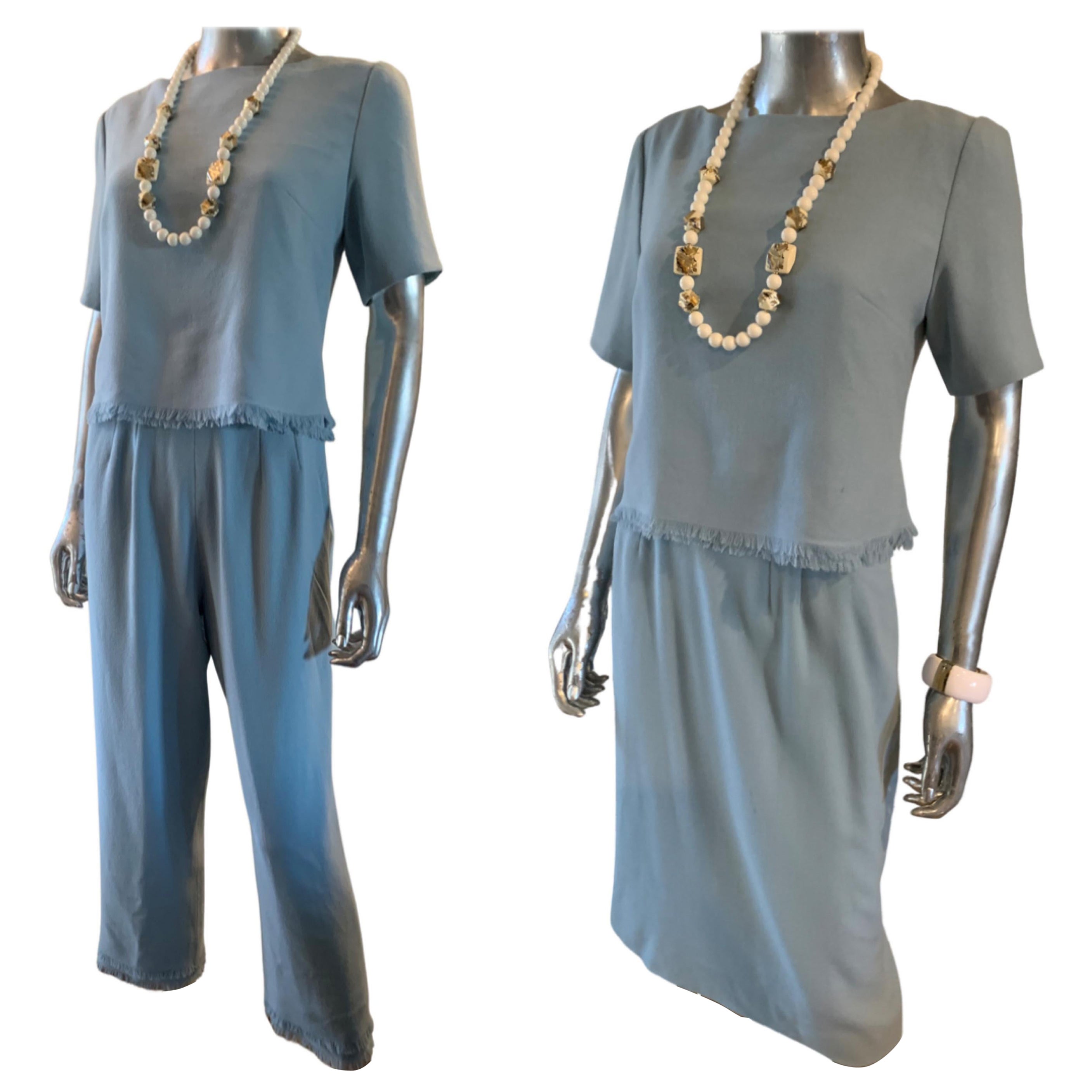 Lily Samii Custom Made Aquamarine Crepe Blouse, Skirt & Pant 3 Piece Set Size 6 For Sale