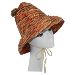 Italian Color Straw Sun Beach Hat With Raffia Pom Poms, 1960's 
