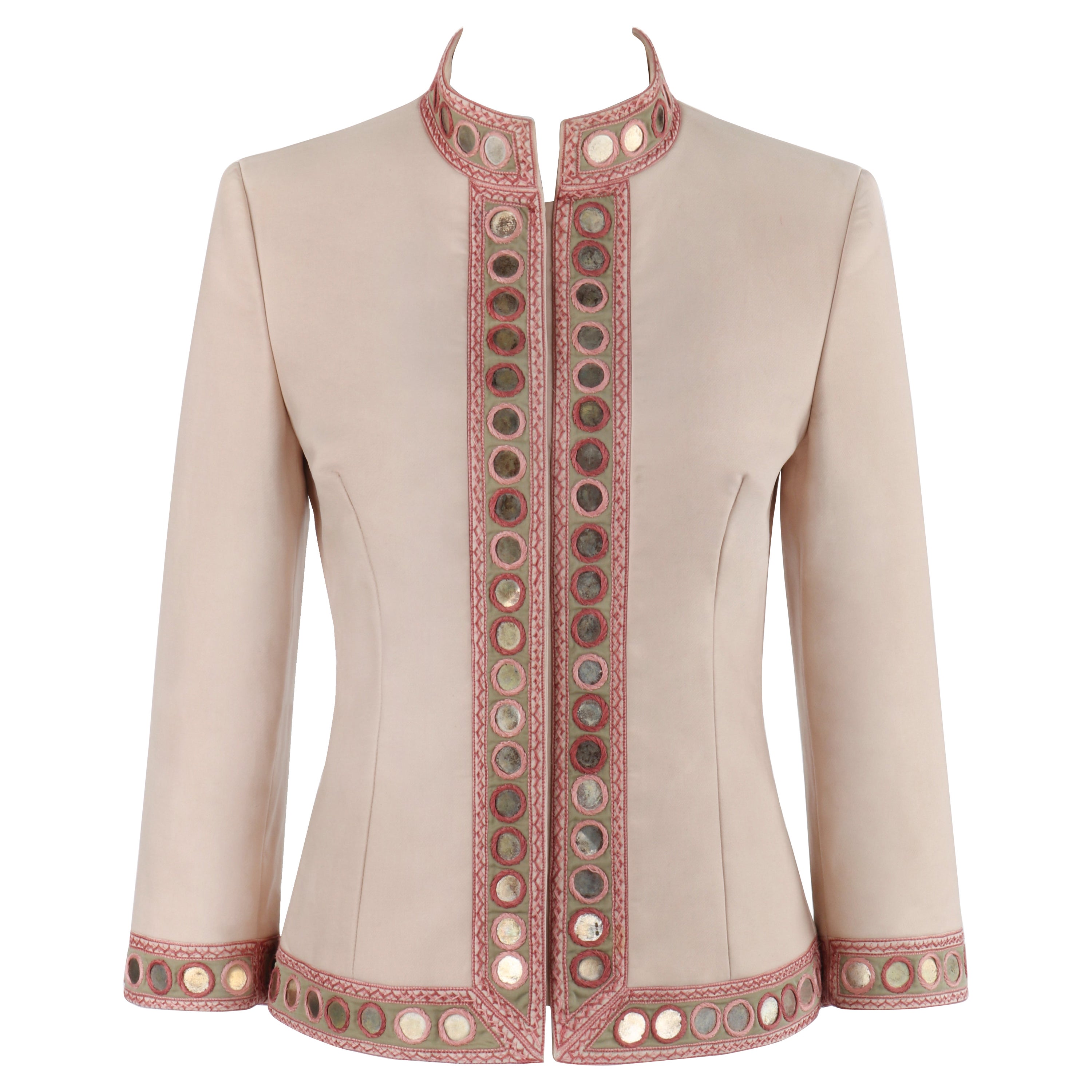 ALEXANDER McQUEEN S/S 2005 Beige Gold Coin Embroidered Collared Button Up Jacket For Sale