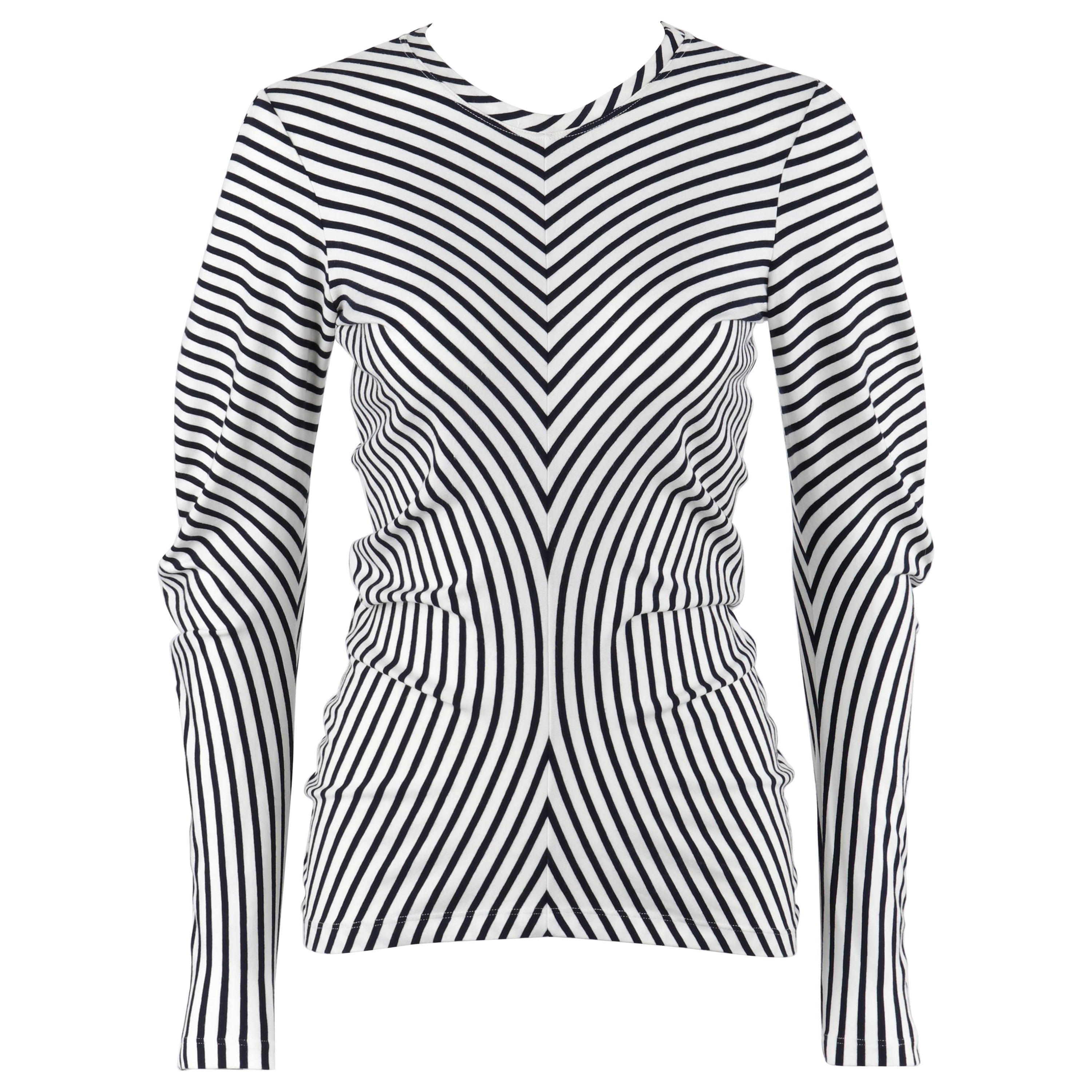 ALEXANDER McQUEEN S/S 2006 Blue White Stripe Knit Curve Long Sleeve Draped Top For Sale