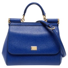 Dolce & Gabbana Blue Leather Medium Miss Sicily Top Handle Bag