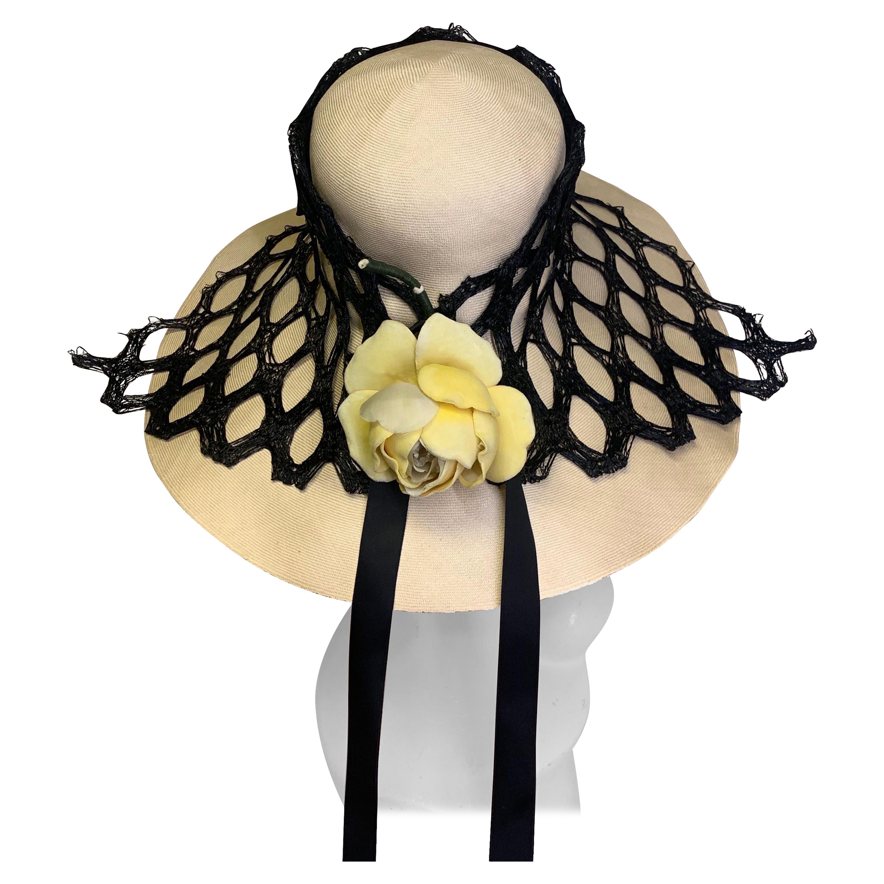 Extraordinary 1960s Adolfo Natural Straw Beach Hat w Black Mesh Drape & Rose For Sale