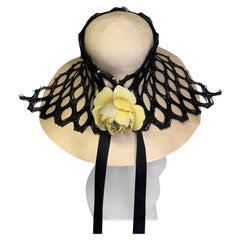 Extraordinary 1960s Adolfo Natural Straw Beach Hat w Black Mesh Drape & Rose