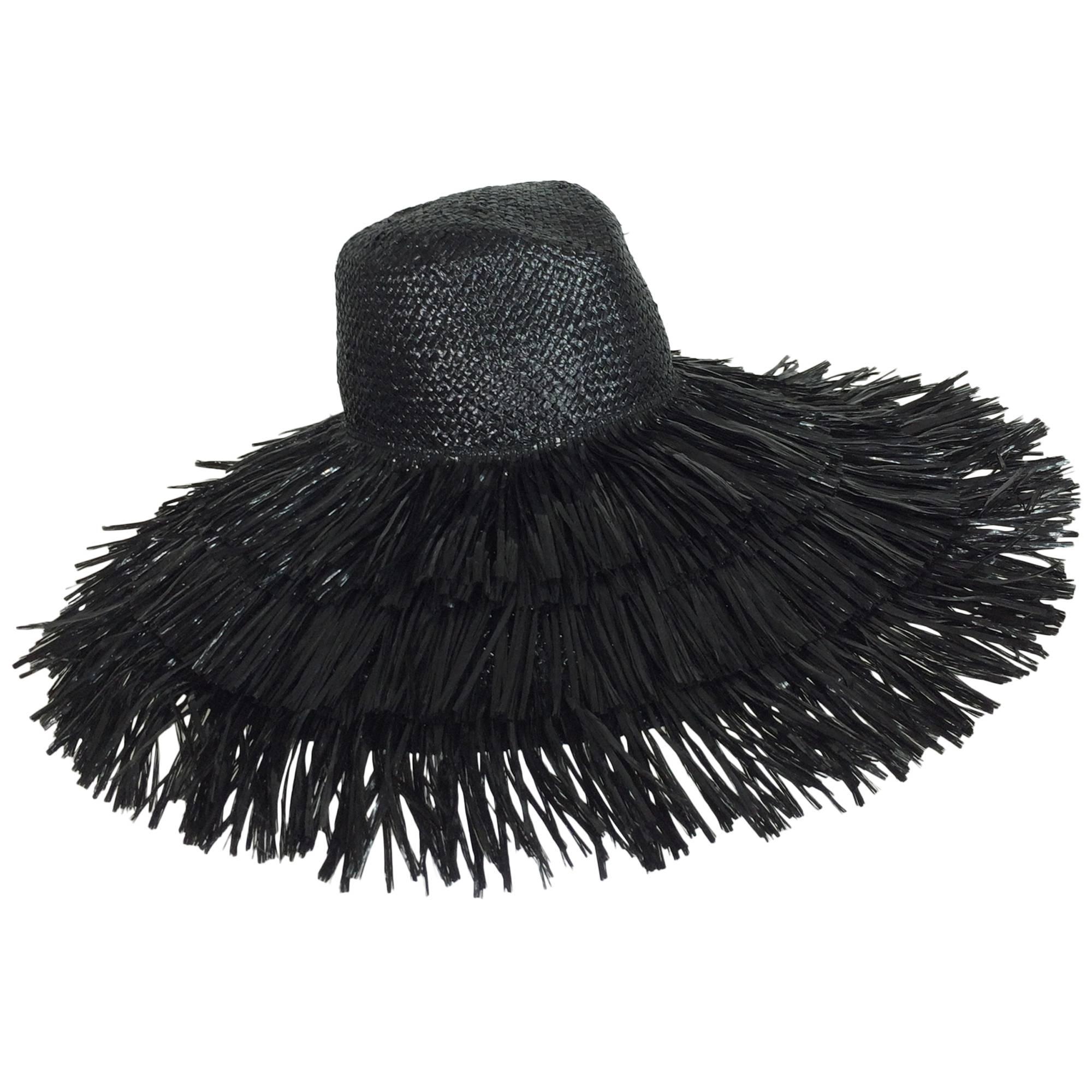 Vintage Eric Javits glazed black straw shaggy finge wide brim hat 1980s unworn