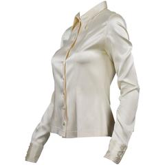 Vintage Chanel 1990s Basic Classical White Satin Blouse w/Important Pearl Buttons FR36