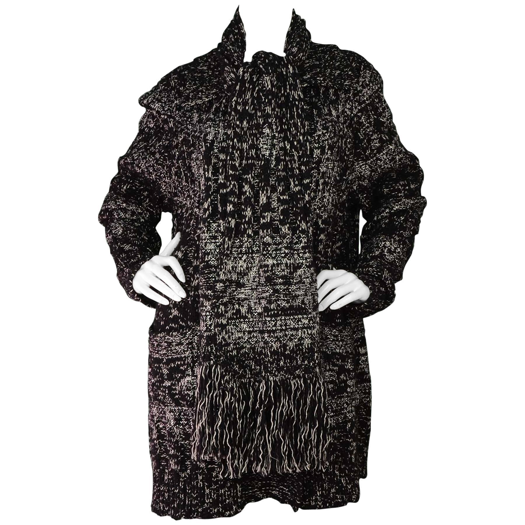 Chanel Black & White Chunky Knit Cardigan & Scarf Set sz 50