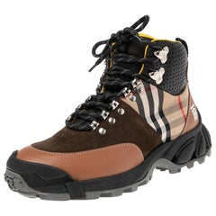 Used Burberry Multicolor/House Check Canvas And Leather Hiking Boots Size 36.5