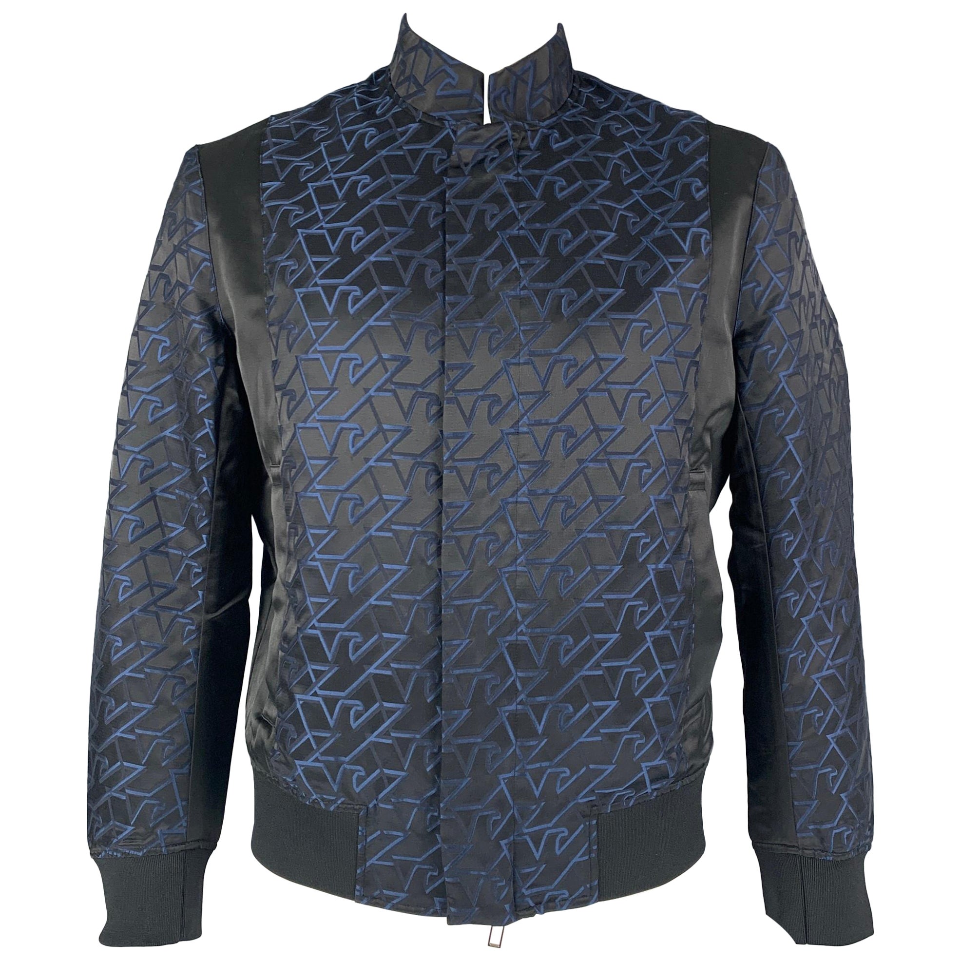 EMPORIO ARMANI Size 42 Black Blue Monogram Jacquard Satin Polyester Jacket