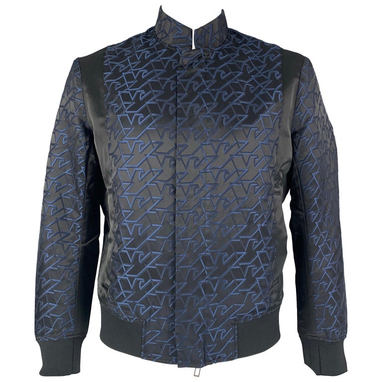 EMPORIO ARMANI Size 42 Black Blue Monogram Jacquard Satin Polyester Jacket For Sale