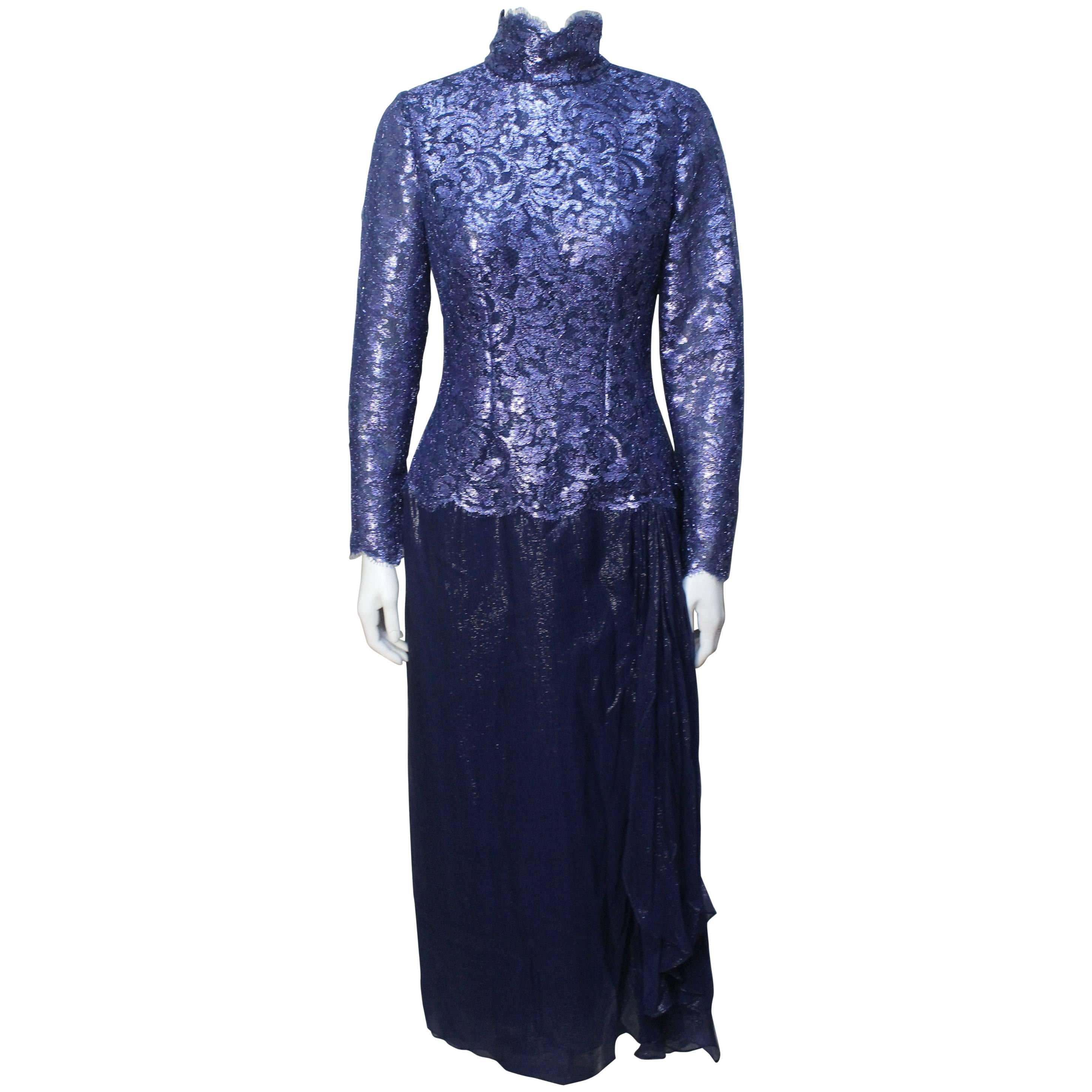 1970s Bob Mackie Glamorous Navy Lace and Silk Chiffon Evening Dress For Sale