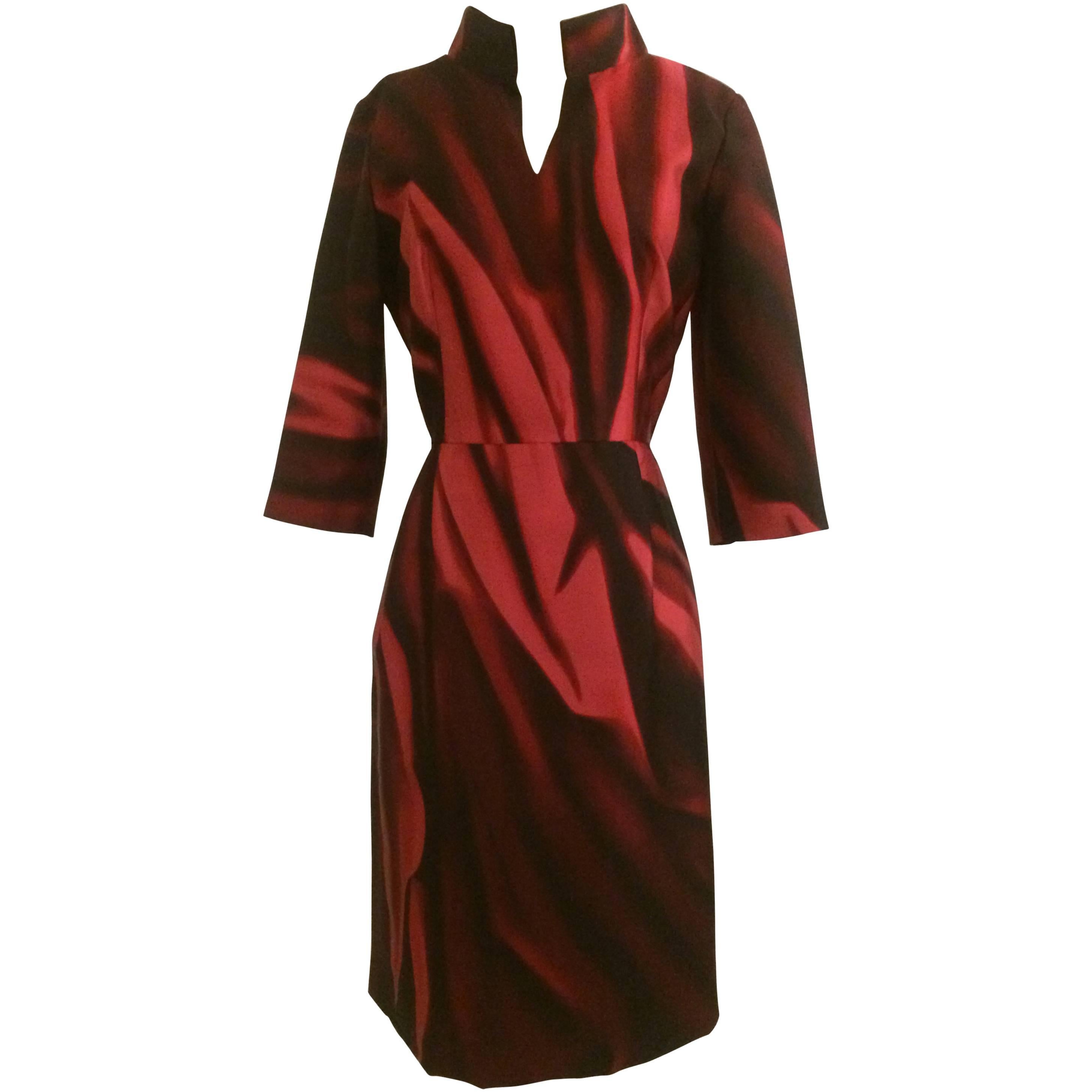 Oscar de la Renta New Merlot Red Silk Print Fitted Shirt Dress 