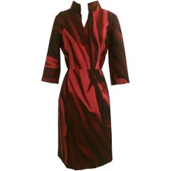 Oscar de la Renta New Merlot Red Silk Print Fitted Shirt Dress 
