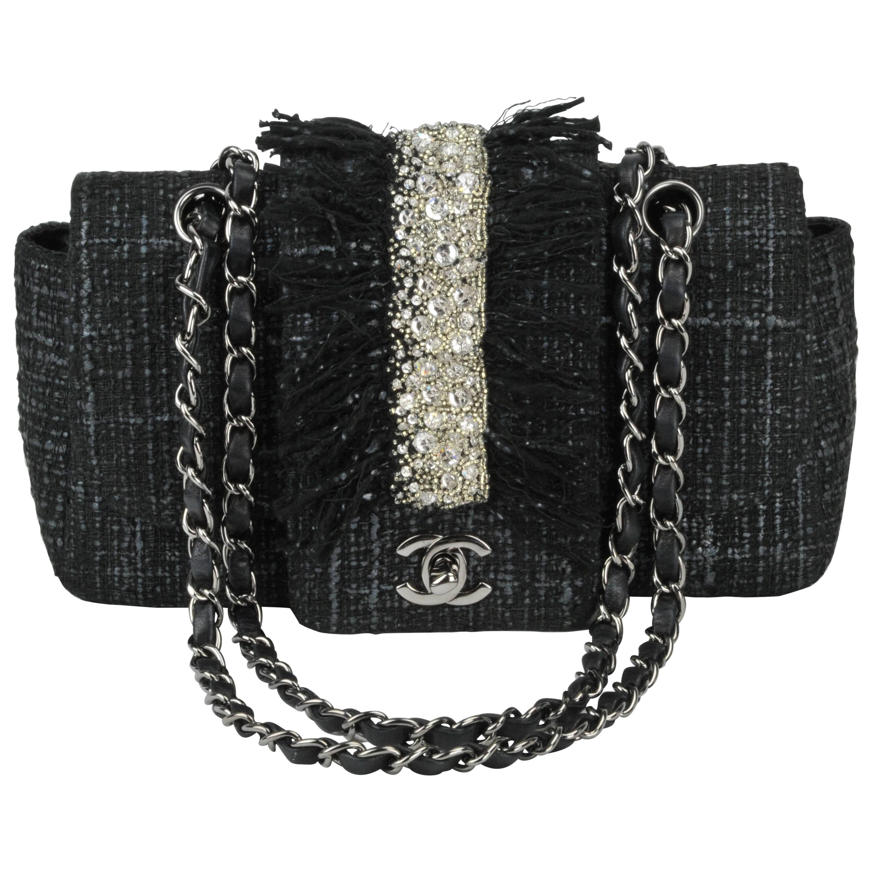 Chanel Circa 2005 Black Tweed, Fringe and Vertical 1" Rhinestone Band Bag For Sale