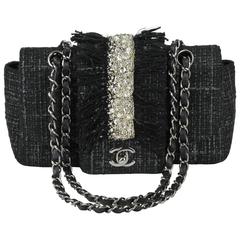 Chanel Circa 2005 Black Tweed, Fringe and Vertical 1" Rhinestone Band Bag