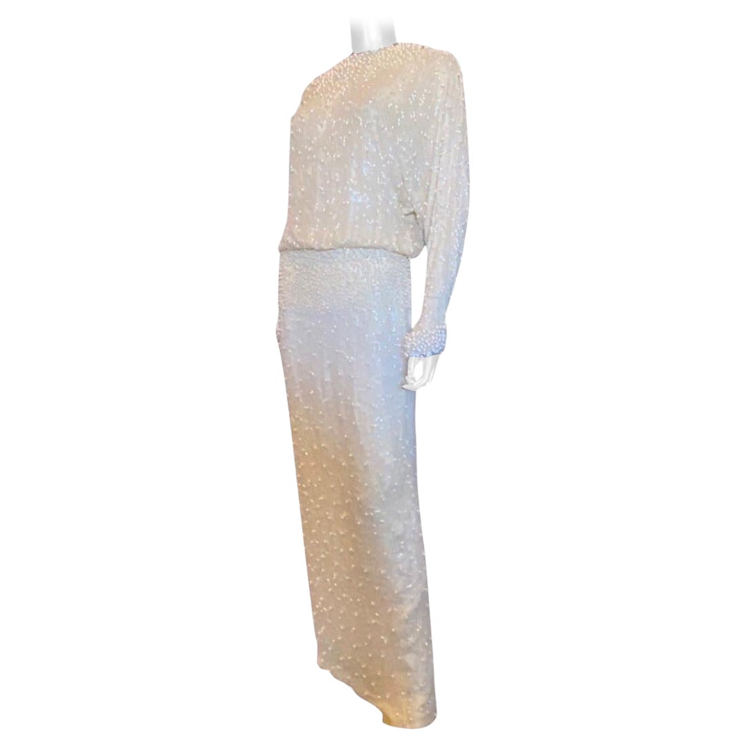 Pearls and Bugle Beads Embellished Crème Silk Gown by Pavé Beverly Hills Size 8 For Sale