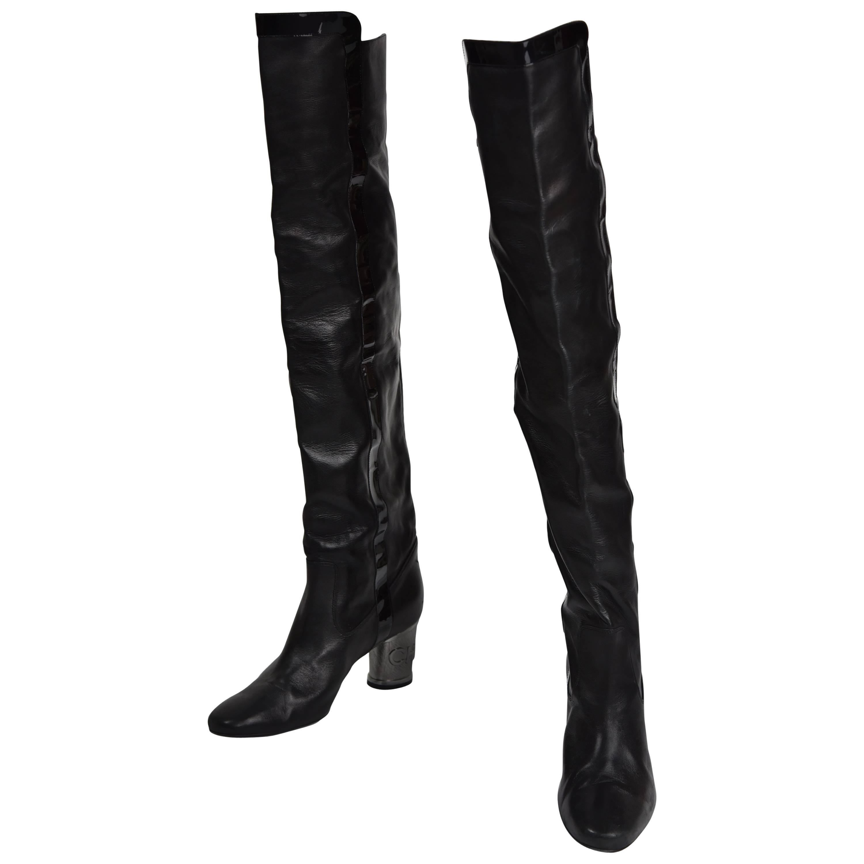 Chanel Circa 2000 Black Over the Knee Height Boots with Silver Chanel Heels FR41 For Sale