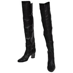 Chanel Circa 2000 Black Over the Knee Height Boots with Silver Chanel Heels FR41