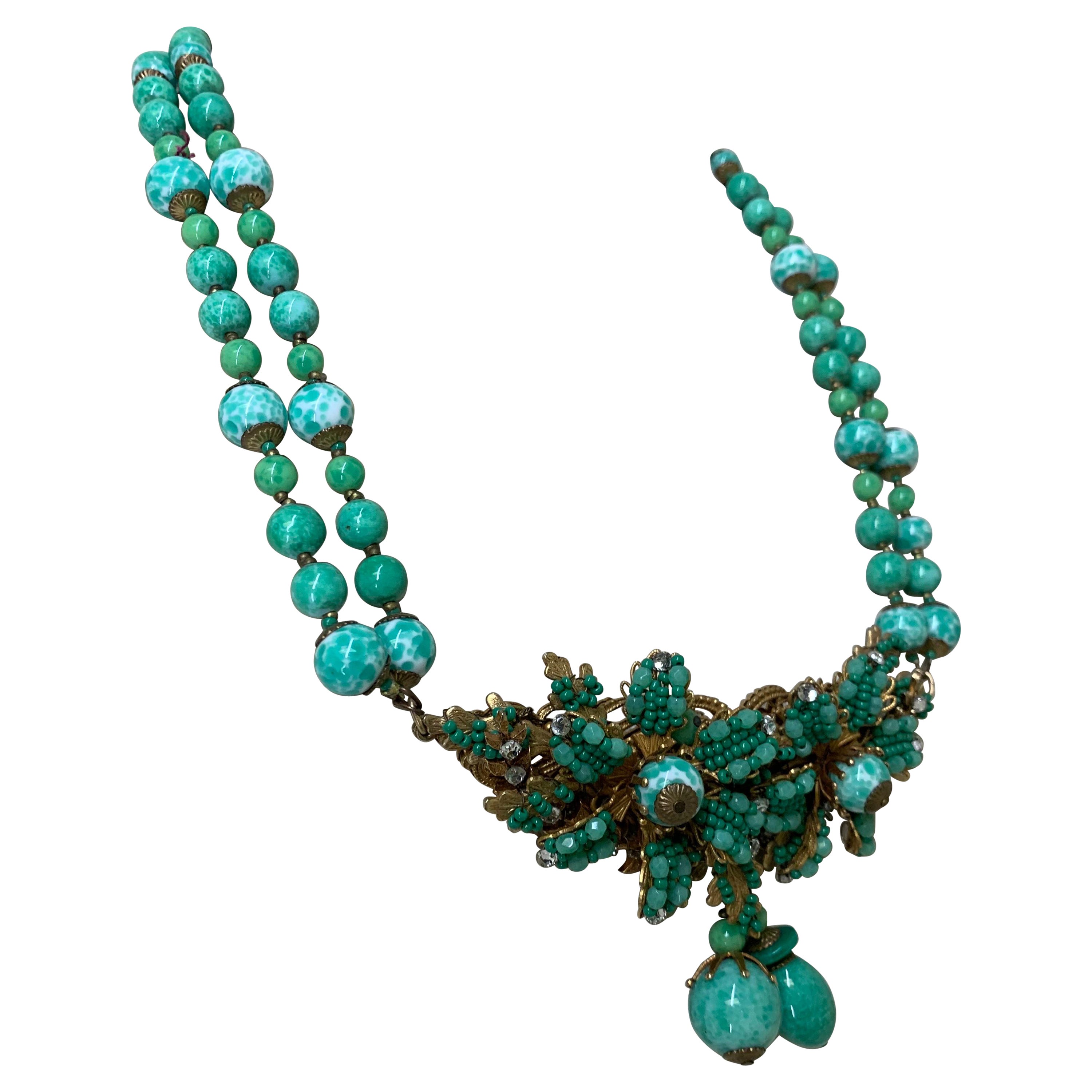 1940s Miriam Haskell Double Strand Jade Green Glass Necklace w Center Flower For Sale