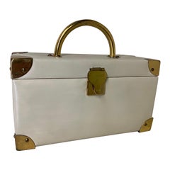 Retro 1960s Koret Bone Glazed Leather Box Bag w Brass Corner Fittings Hinges & Handle