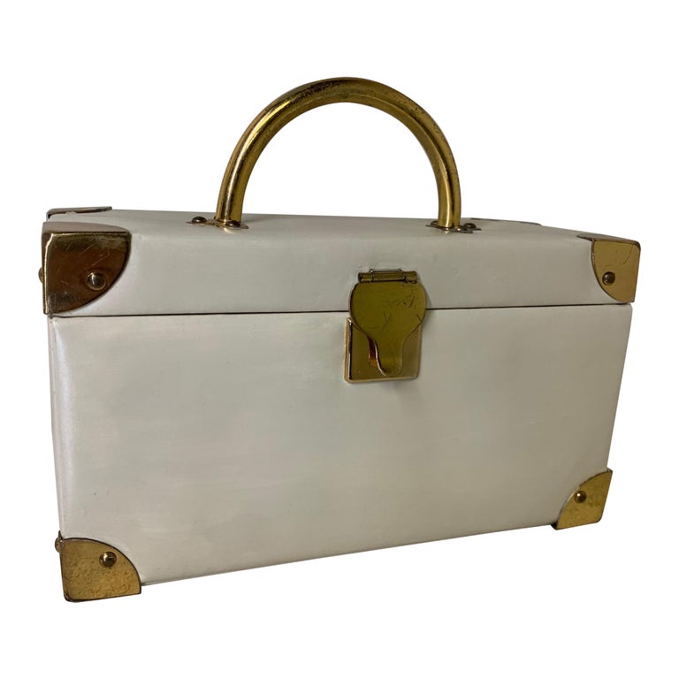 1960s Koret Bone Glazed Leather Box Bag w Brass Corner Fittings Hinges and  Handle