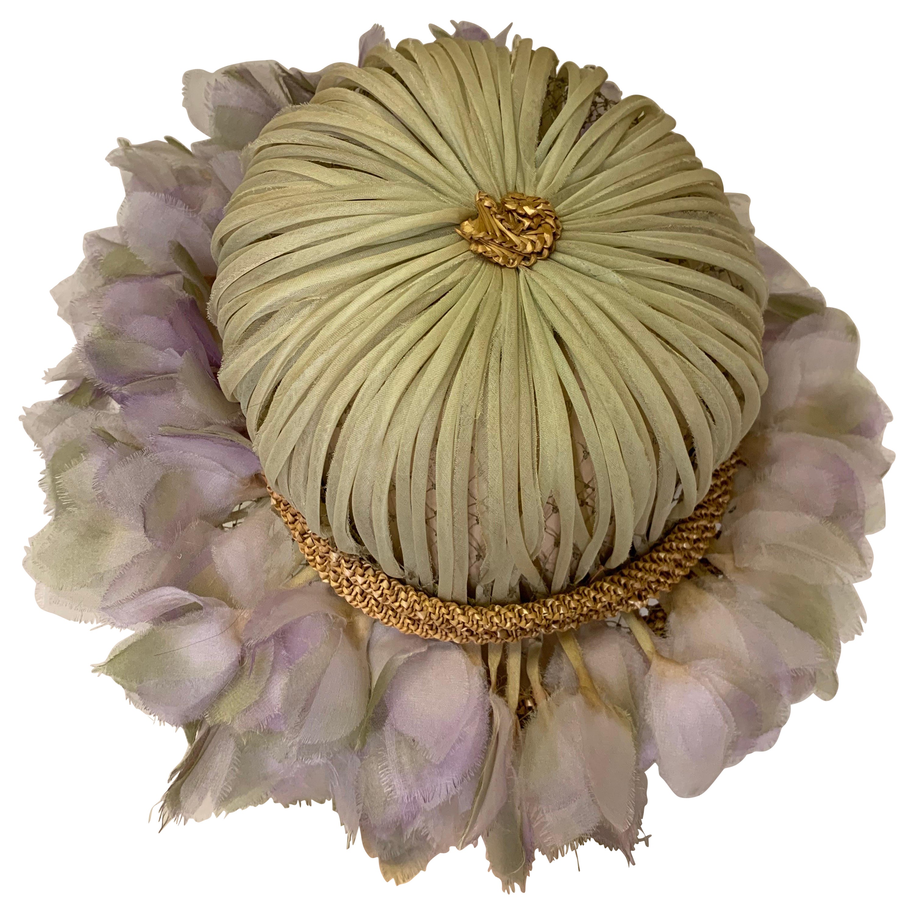 1960s Miss Alice Cool Lavender Floral Brim and Stem Crown Bouquet Hat For Sale