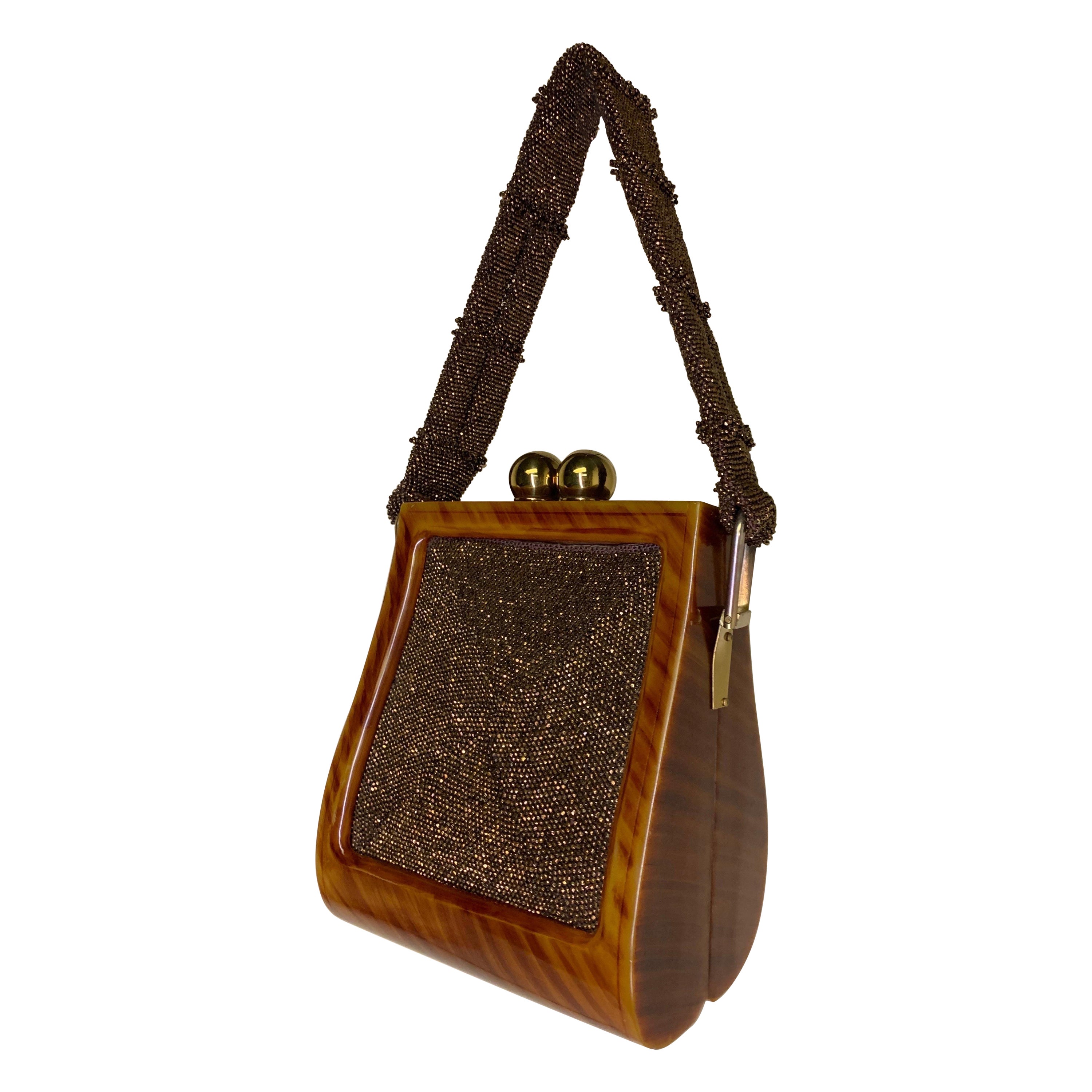 1940 Tortoise-Look Bakelite Handbag w Bronze Glass Beaded Side Panels & Handle
