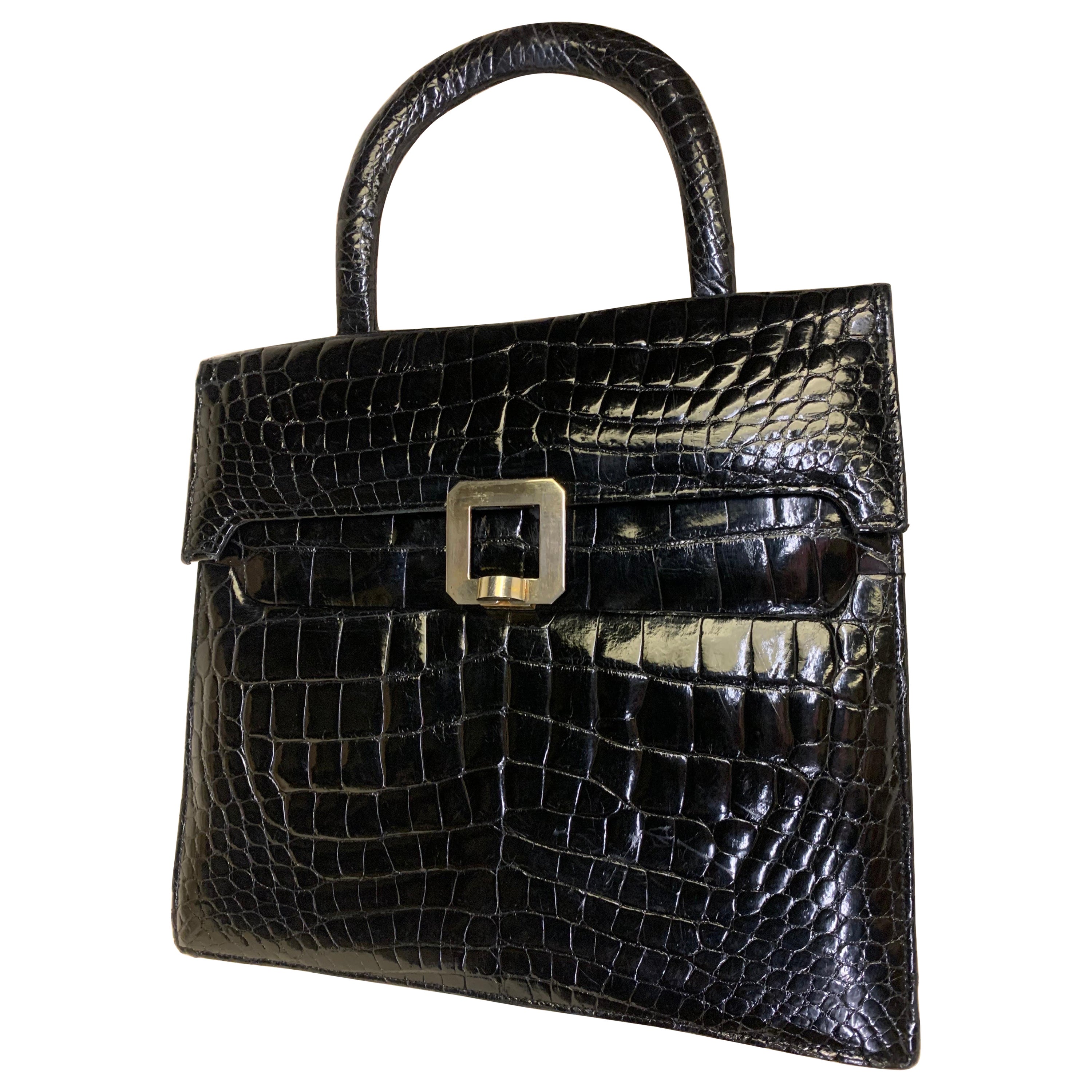 1960s Genuine Black Alligator Tailored Top-Handle Handbag w/ Silver Buckle