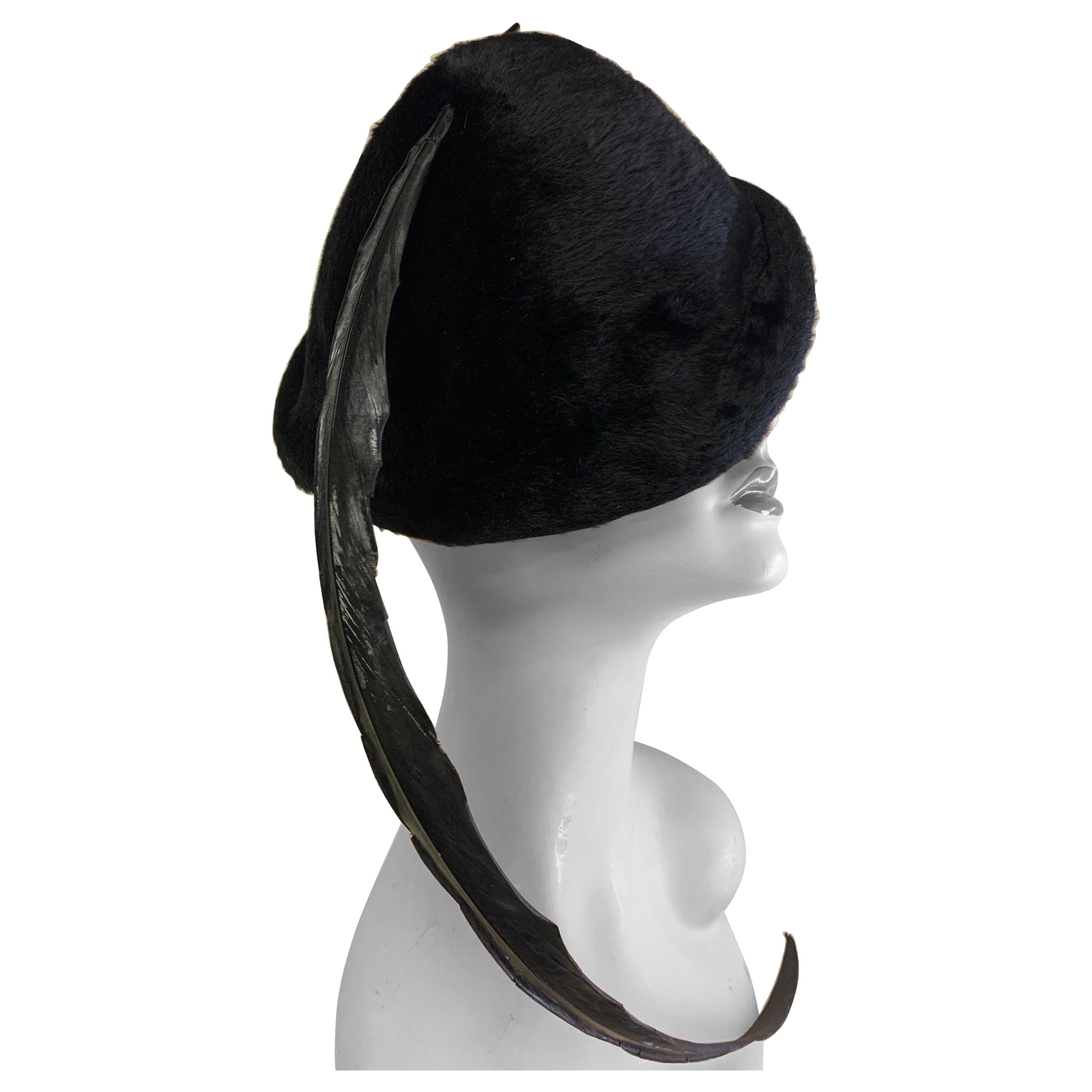 1970 Yves Saint Laurent Black Fur Felt Molded Hat w/ LONG Lacquered Feather For Sale