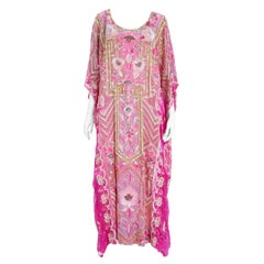 Vintage Floral Hot Pink Caftan Dress With Raised Gold Metallic Beading & Sequins
