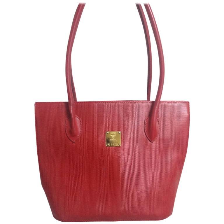 Vintage MCM red lizard embossed leather tote bag, Designed by Michael Cromer