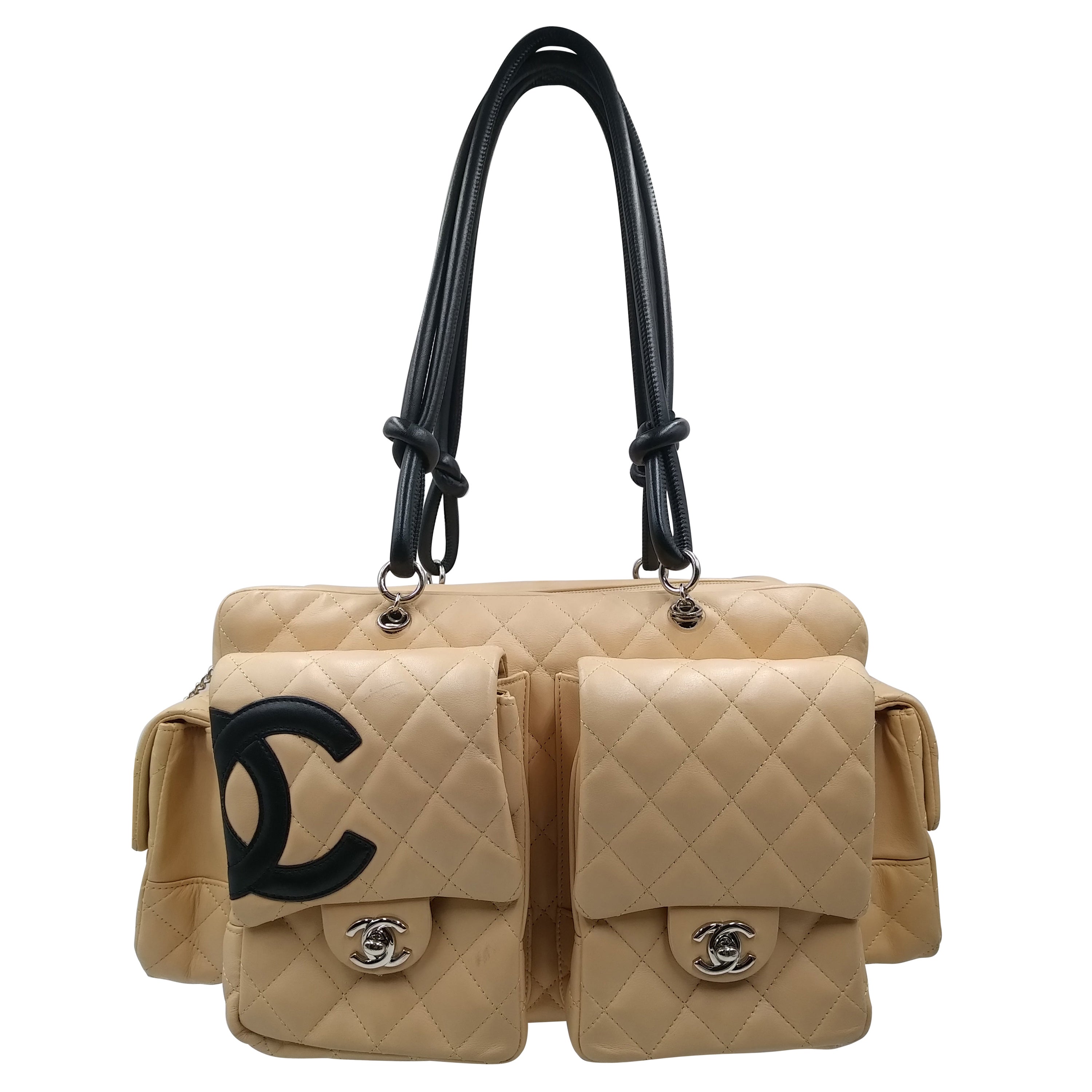 Chanel Beige/Black Quilted Leather Ligne Cambon Reporter Bag For Sale at  1stDibs