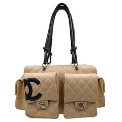 Chanel Beige/Black Quilted Leather Ligne Cambon Reporter Bag