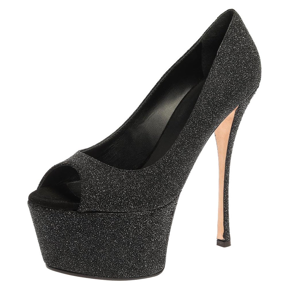 Giuseppe Zanotti Black Glittered Suede Open Toe Platform Pumps Size 39 For Sale