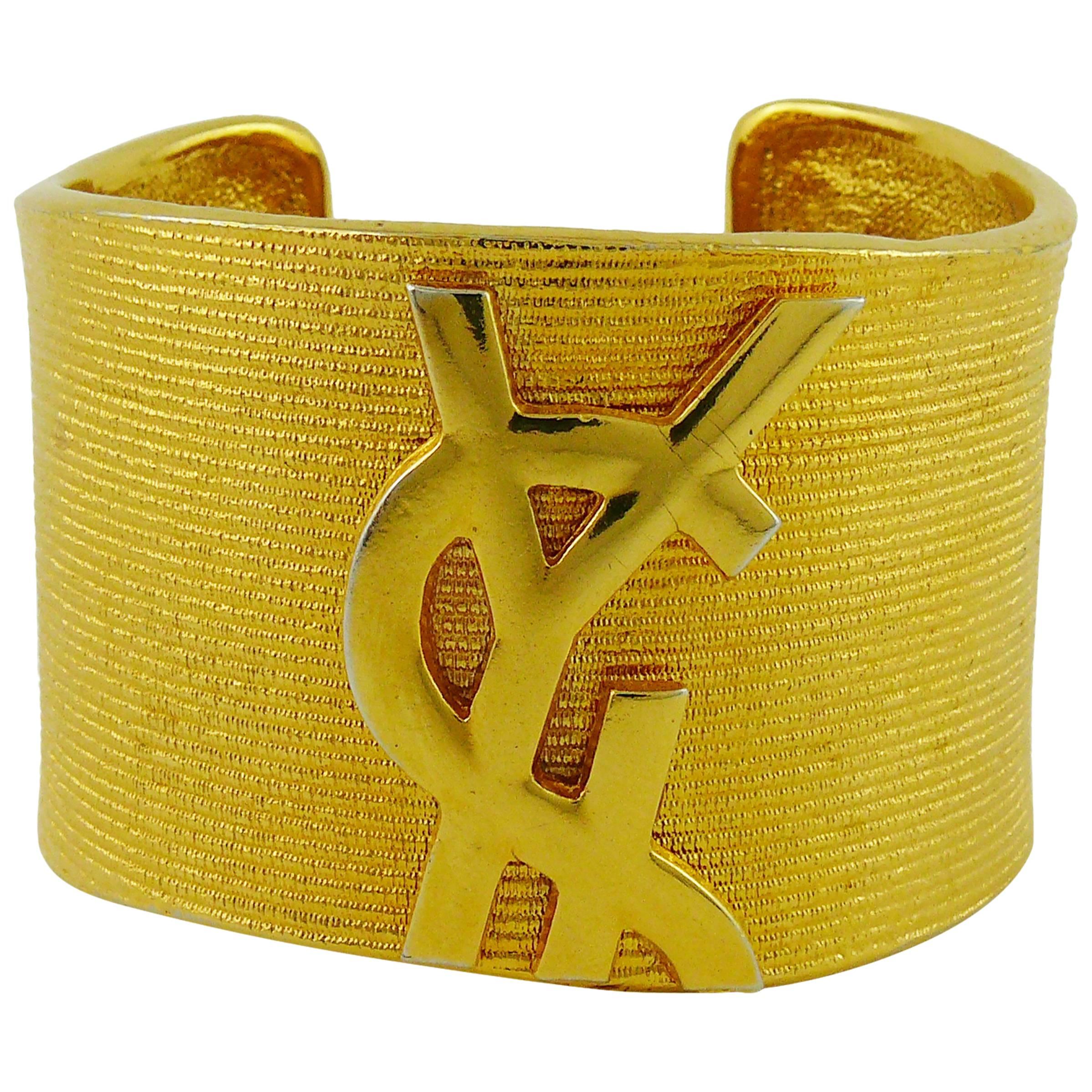Yves Saint Laurent YSL Vintage Logo Ribbed Cuff Bracelet