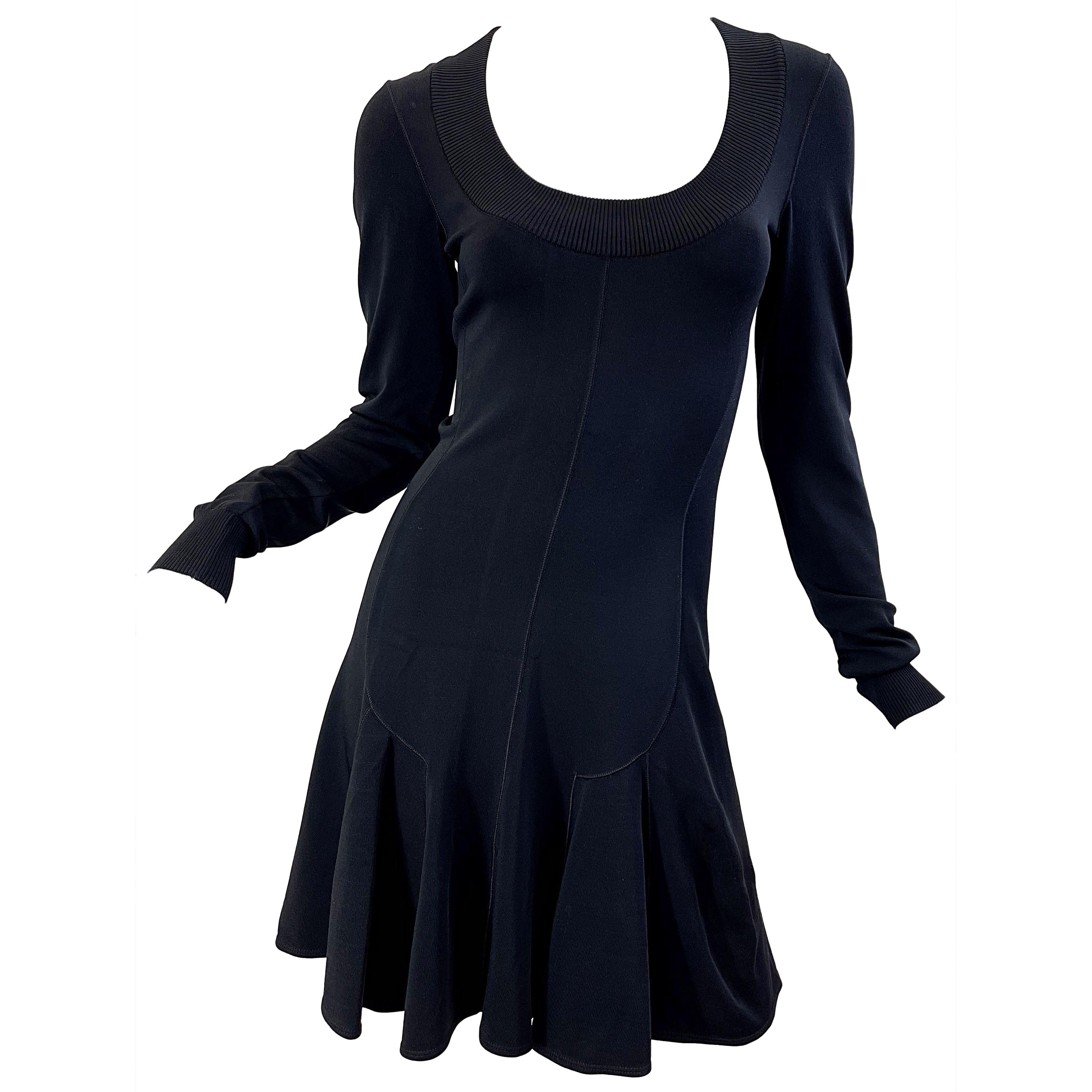 Azzedine Alaia 1990s Negro Bodcon Manga Larga Sz Medium Vintage 90s Vestido Skater en venta