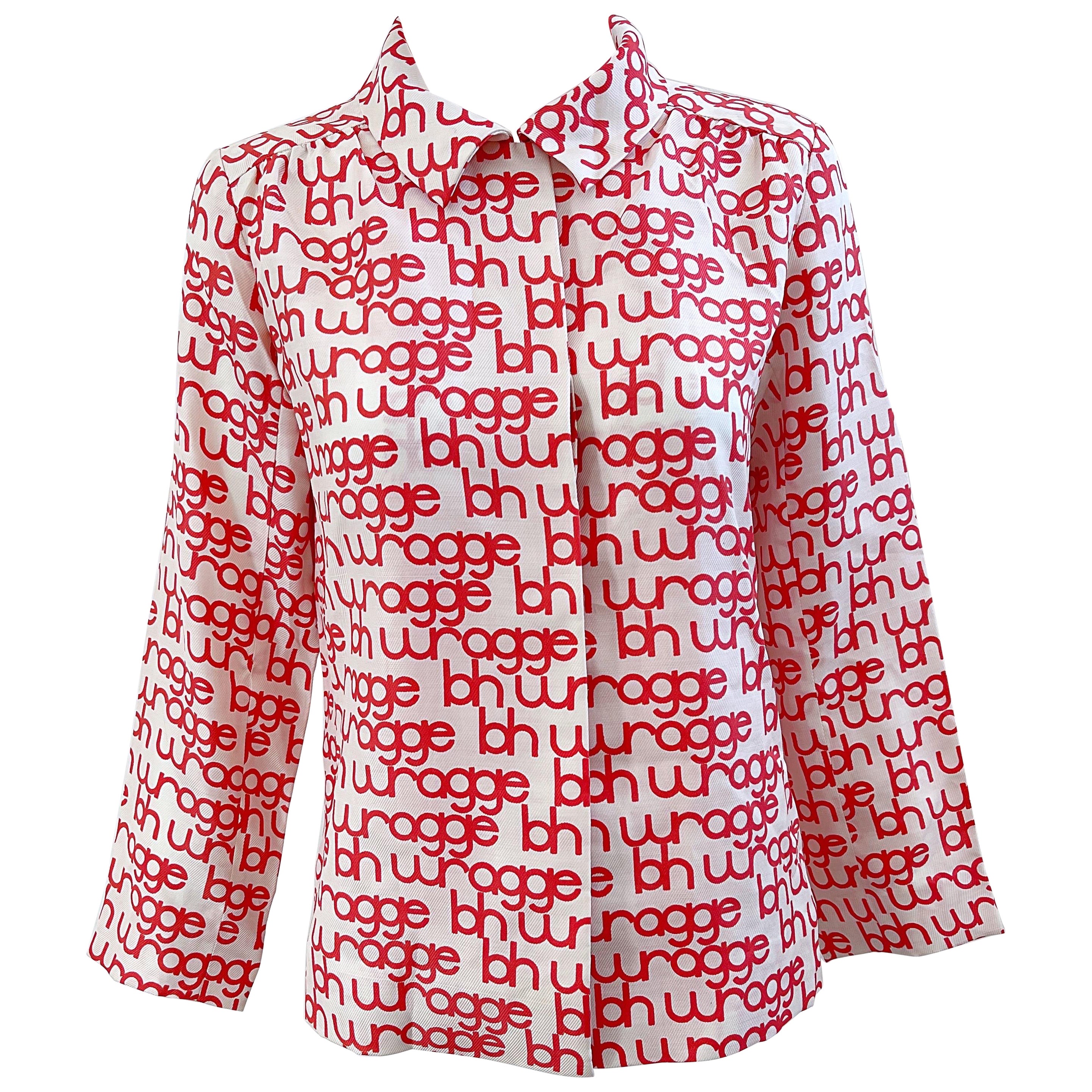 NWT 1960s B.H. Wragge Red + White Logo Silk Vintage 60s Blouse Shirt 1968