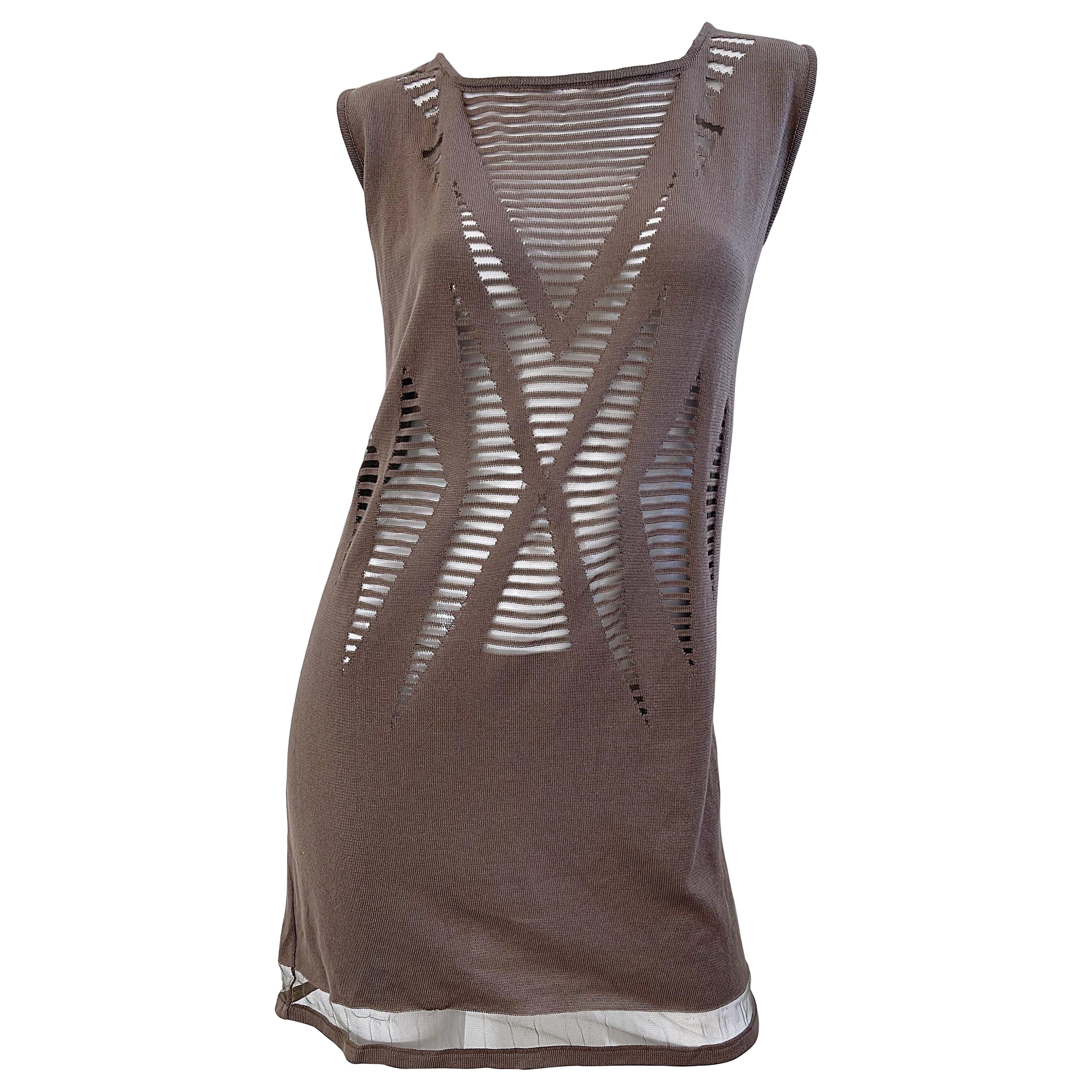 NWT 90s Krizia Taupe Brown Size 46 / US 10 12 Sheer Sleeveless Knit 1990s Dress For Sale
