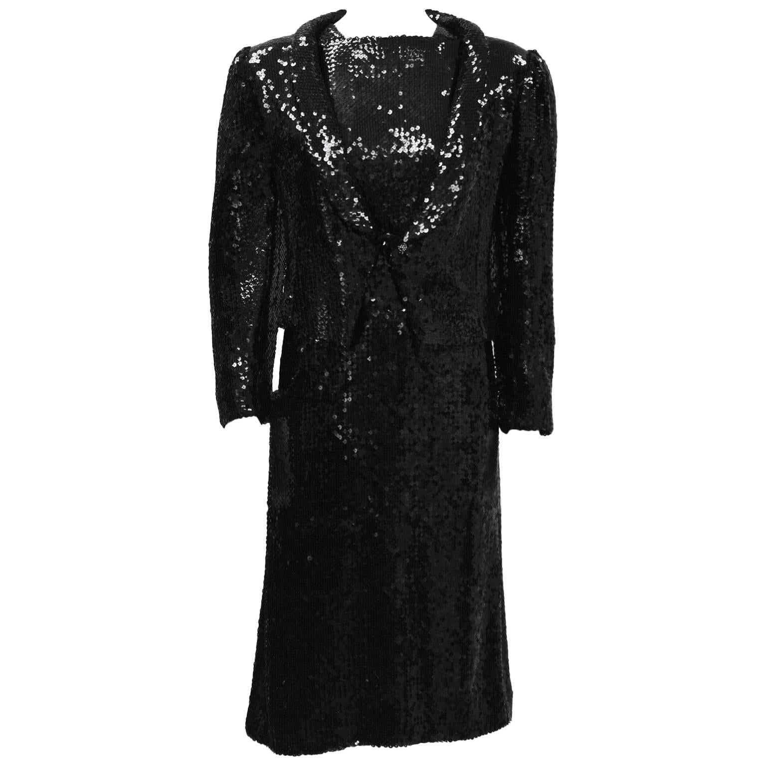 1970's Ungaro Two-Piece Black Sequin Evening Ensemble 