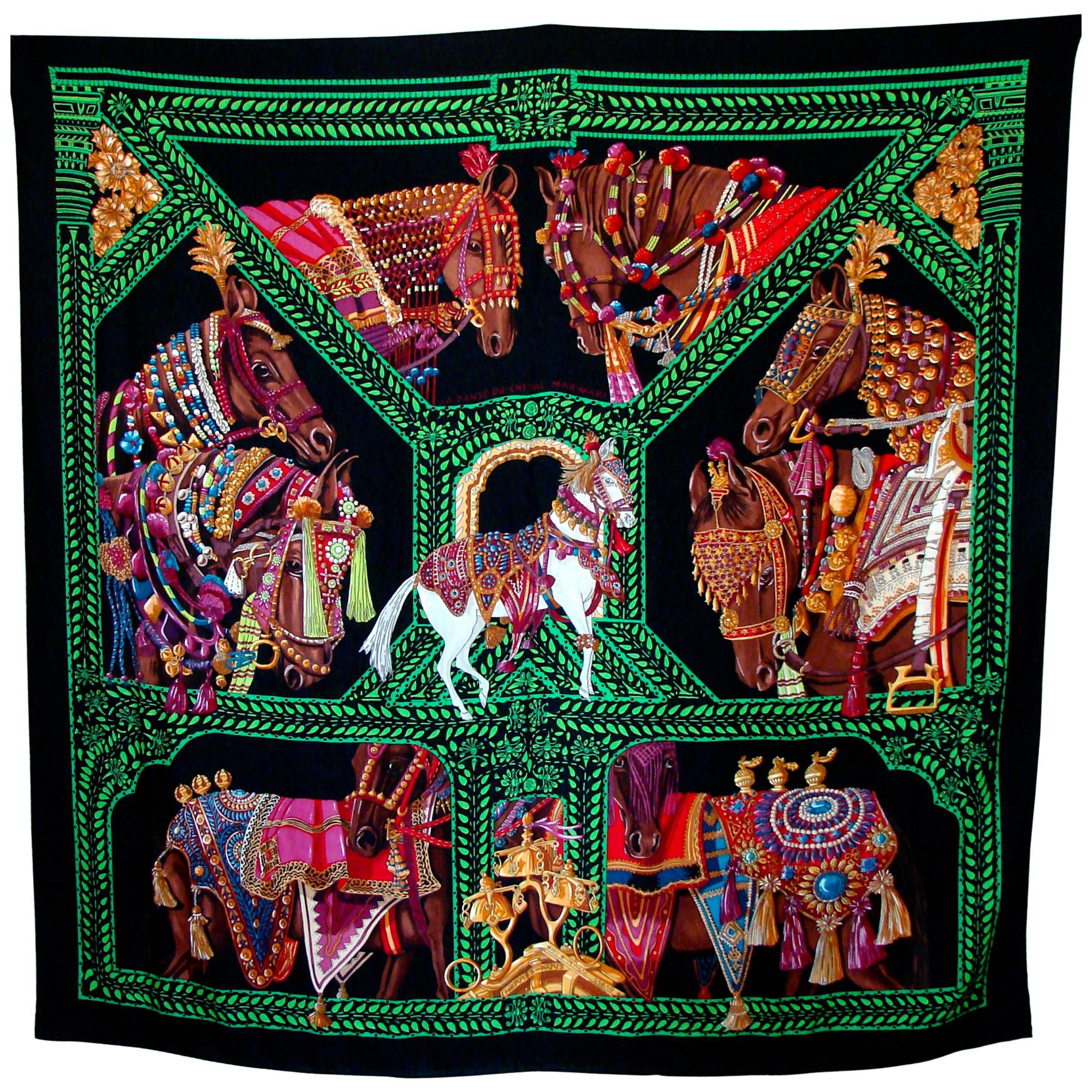 Hermes Cashmere Silk Shawl Scarf 140cm La Danse du Cheval Marwari A. Faivre