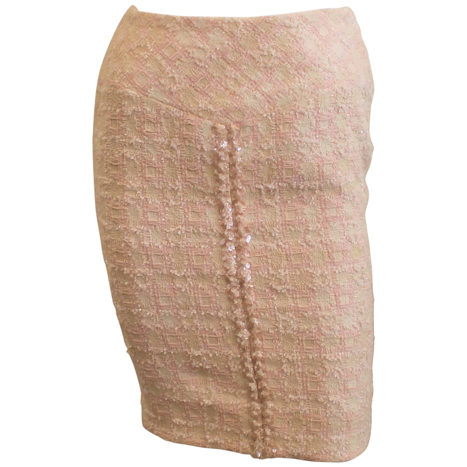 Chanel Pink & Ivory Cotton Blend Tweed Skirt with Sequins - 38 
