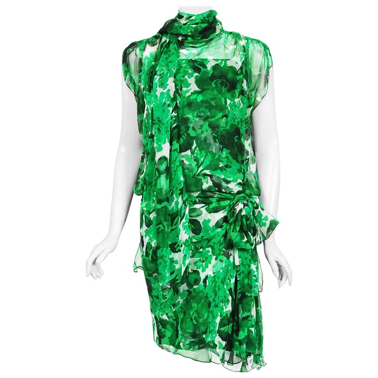 Vintage 1990's Givenchy Paris Green Floral Print Sheer Silk Chiffon Draped Dress For Sale