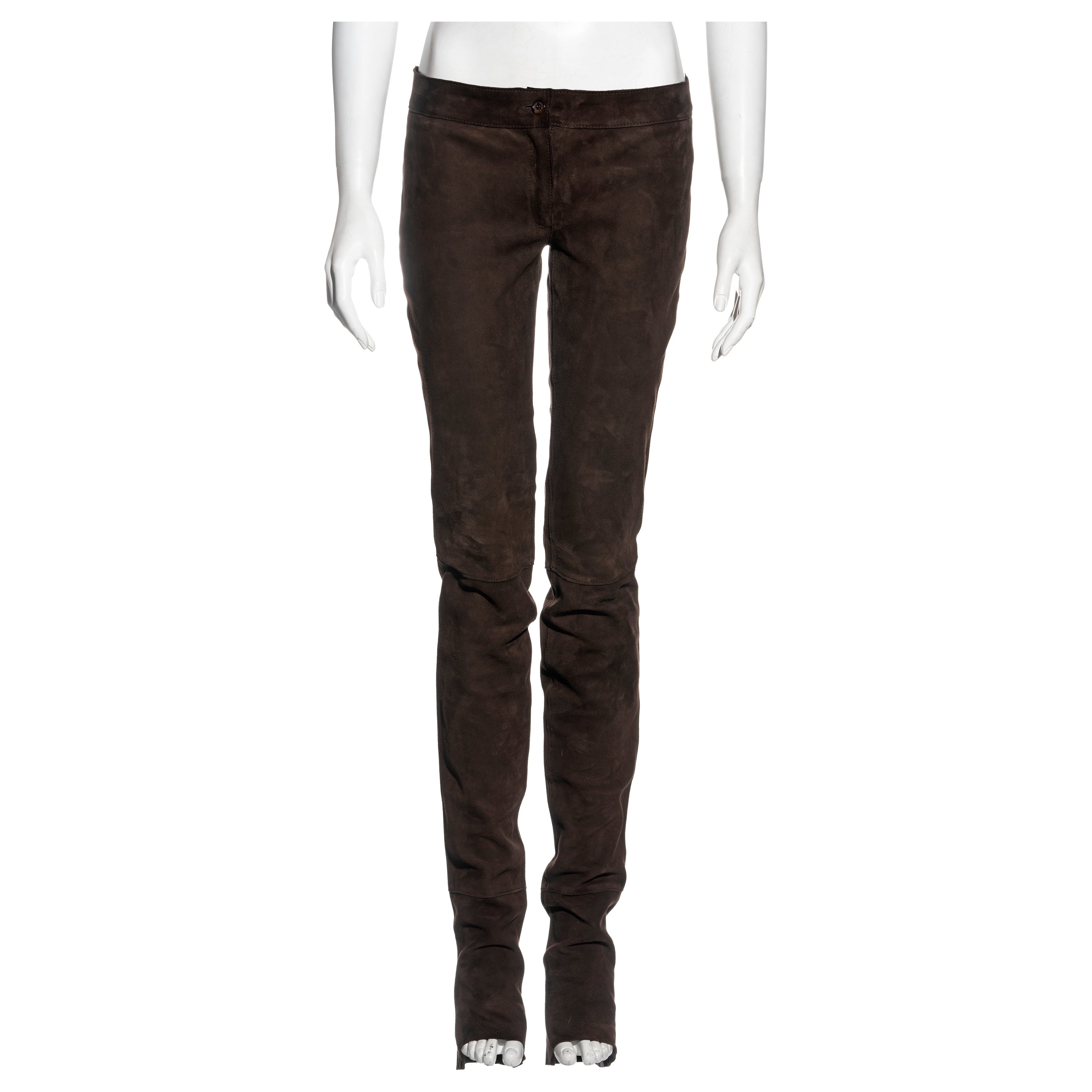 Dolce & Gabbana low rise extra long ruched brown leather pants, fw 2001