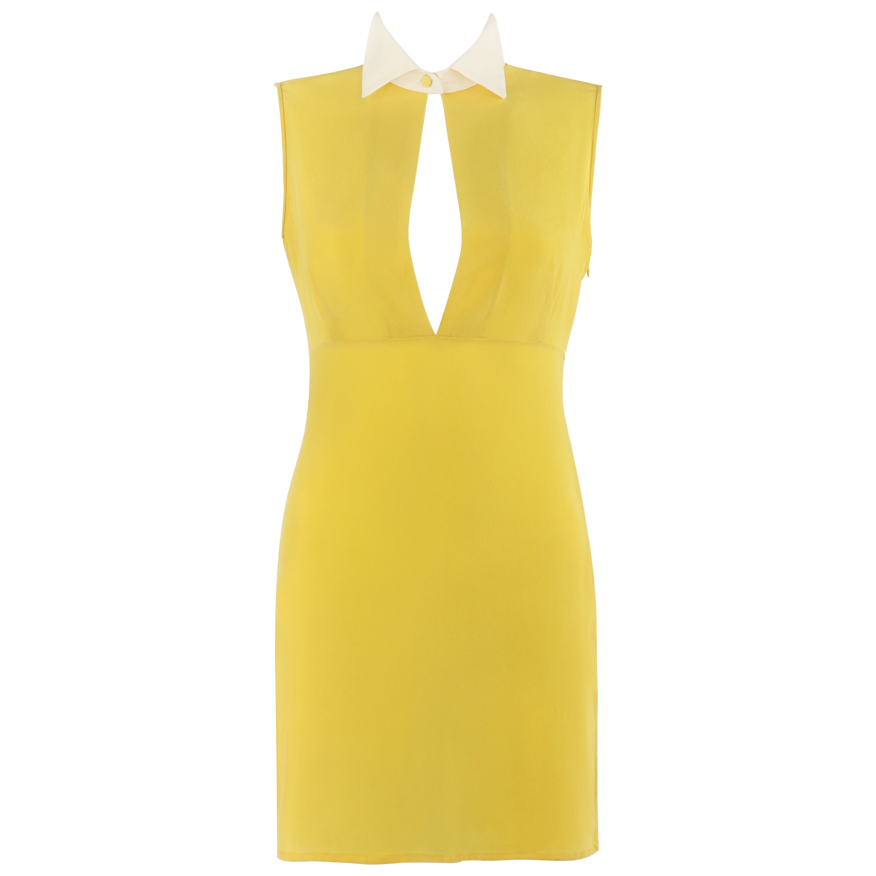 ALEXANDER McQUEEN c.2010 Yellow White Chiffon Keyhole Double Slit Mini Dress For Sale