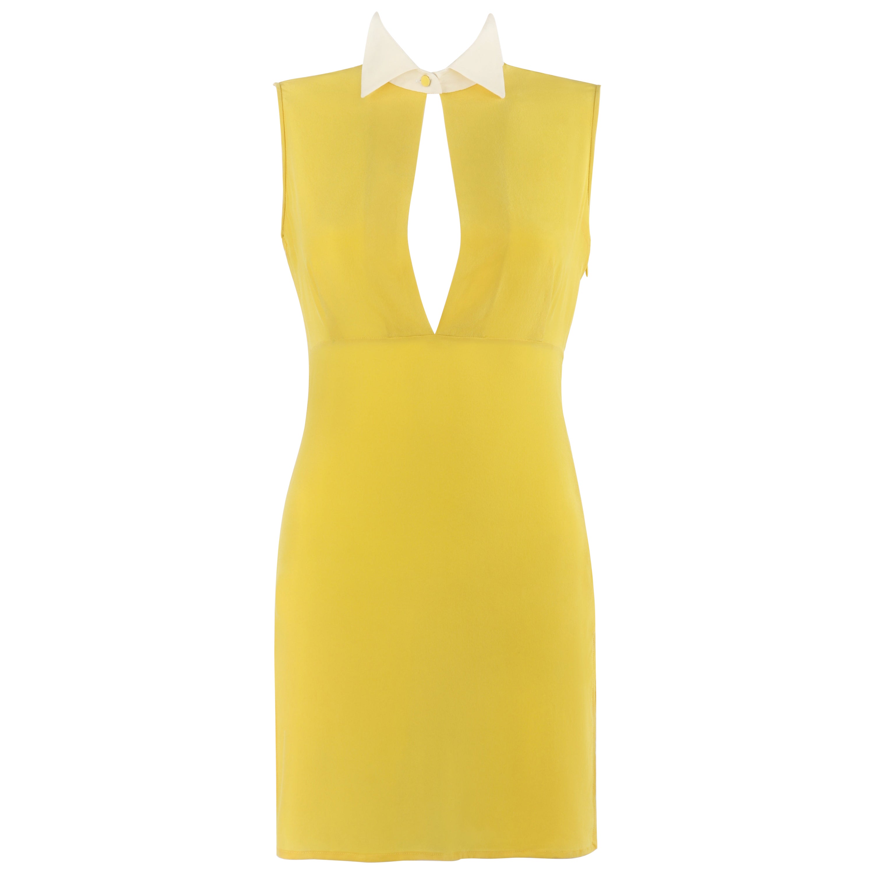 ALEXANDER McQUEEN c.2010 Yellow White Chiffon Keyhole Double Slit Mini Dress For Sale