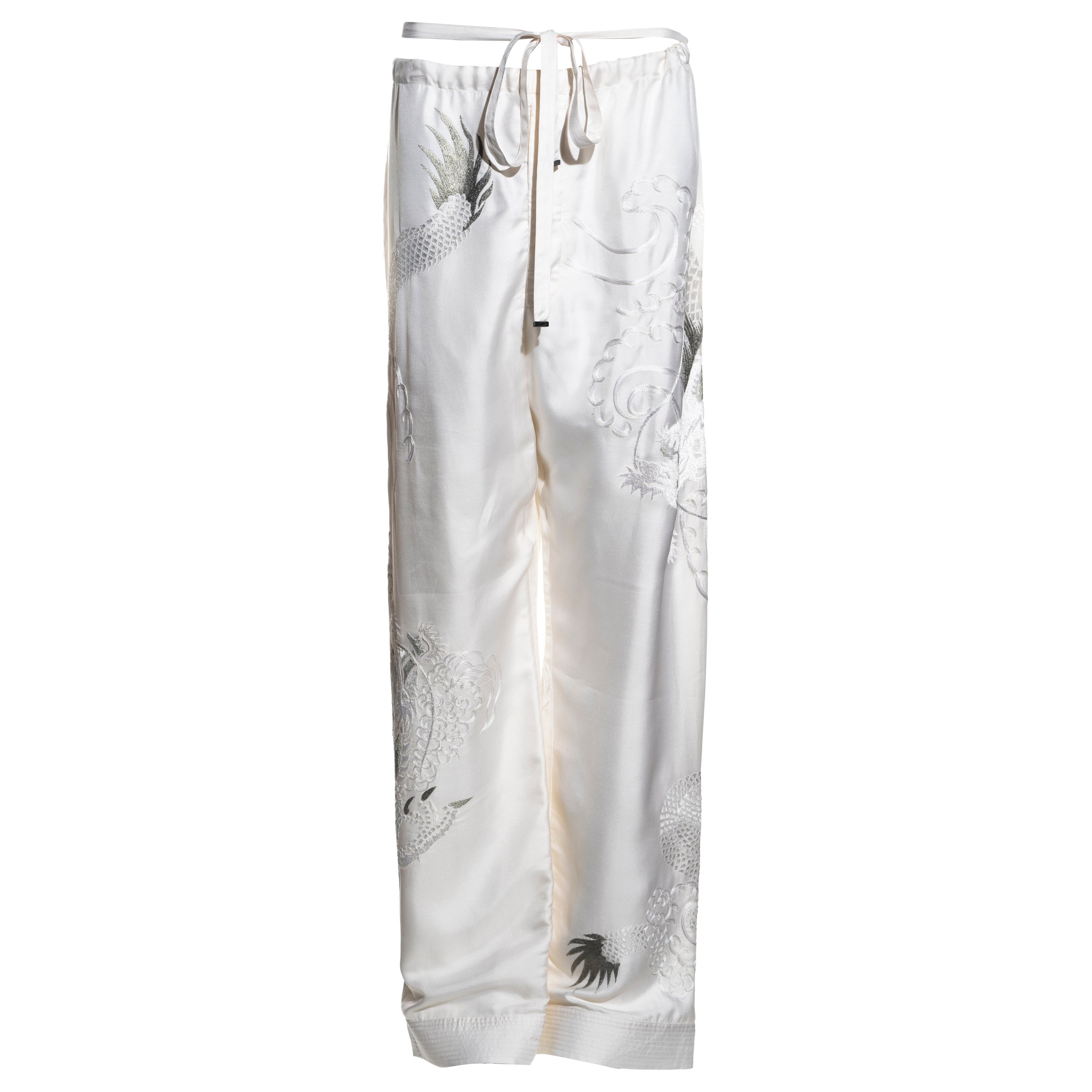 Gucci by Tom Ford white silk drawstring pants with embroidery, ss 2001