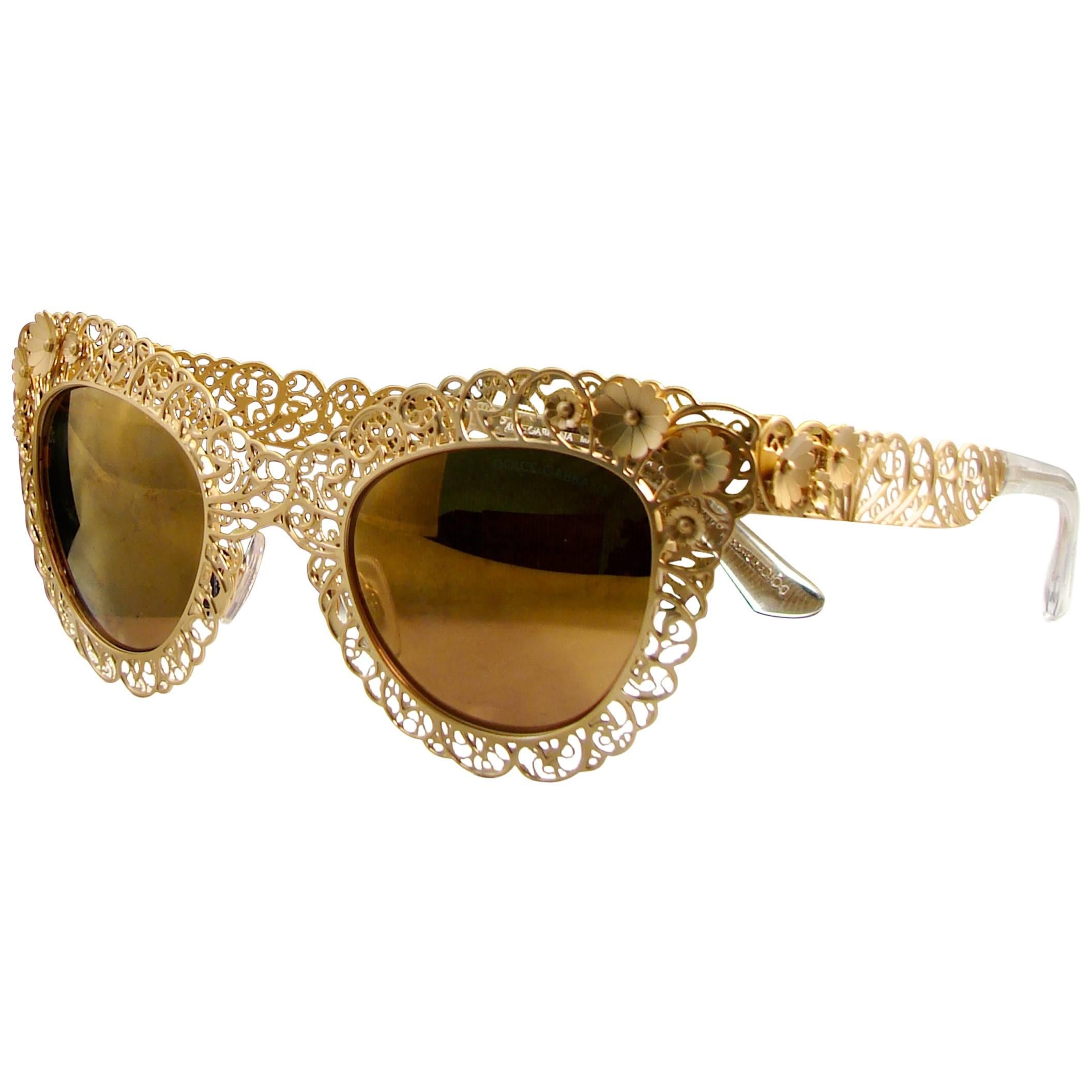 Dolce & Gabbana Dimensional Gold Metal Floral Sunglasses + Case + Paperwork 