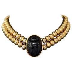 Vintage CHANEL Gripoix Scarab Egyptian Revival Double Strand Necklace
