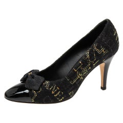 Chanel Black Logo Printed Tweed and Patent Leather Bow Cap-Toe Pumps Size 37.5